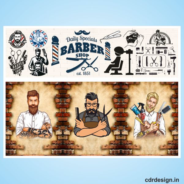 Barber shop wall wallpaper flex banner design cdr file