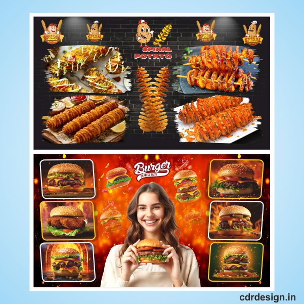 Berger and spiral potato wall wallpaper design cdr file Burger and spiral potato wall wallpaper design cdr file