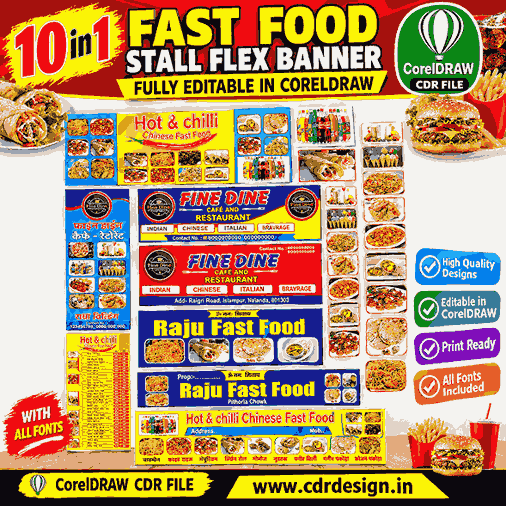 10-in-1 Fast Food Stall Flex Banner Designs Bundle | CorelDRAW CDR Files
